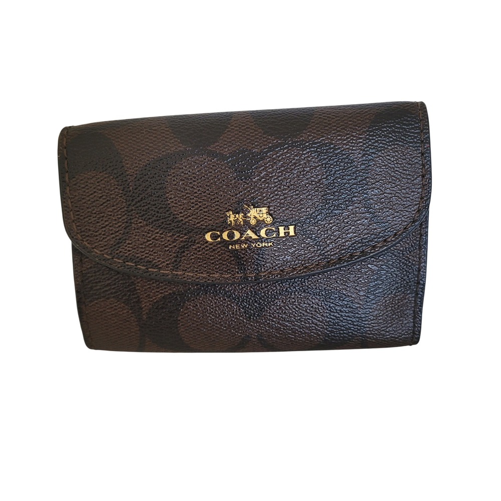 Coach Signature Monogram 6 Ring Key Case Brown Black Coated Canvas Wallet - Picture 1 of 10